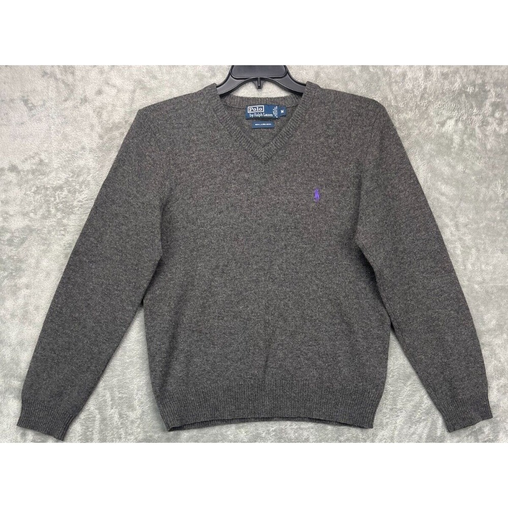 Polo by Ralph Lauren Men's Sweater Medium Lambs Wool V Neck Knit Charcoal